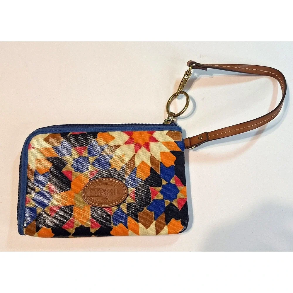 Fossil Geometric Star Coated Canvas Wristlet Wallet Multicolor Blue Orange Zip